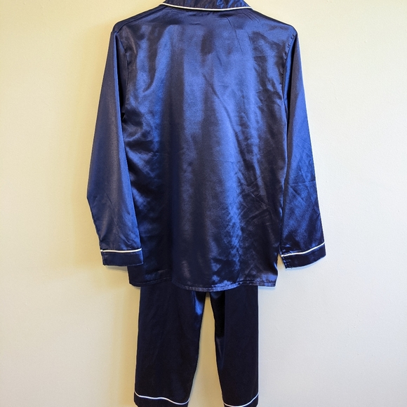 Vtg Navy Blue Satin PJ Set White Piping Pocket - Picture 5 of 10
